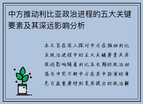 中方推动利比亚政治进程的五大关键要素及其深远影响分析