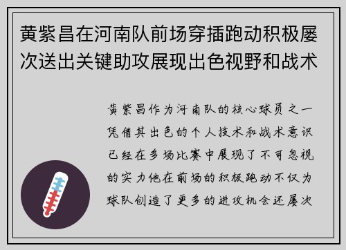 黄紫昌在河南队前场穿插跑动积极屡次送出关键助攻展现出色视野和战术意识