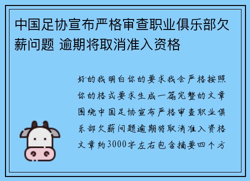 中国足协宣布严格审查职业俱乐部欠薪问题 逾期将取消准入资格