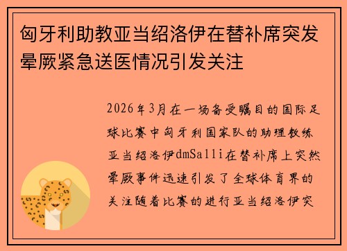 匈牙利助教亚当绍洛伊在替补席突发晕厥紧急送医情况引发关注