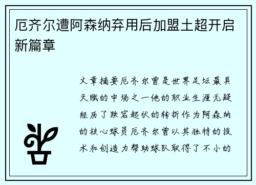 厄齐尔遭阿森纳弃用后加盟土超开启新篇章